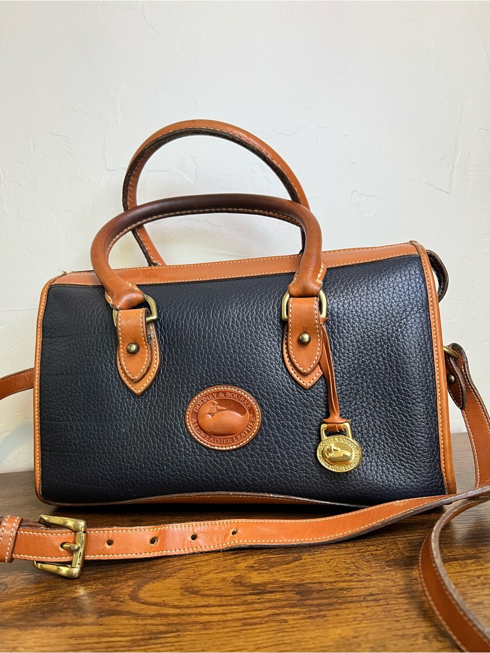 Vintage Dooney & Bourke Black Pebbled Leather Satchel with British Tan Trim